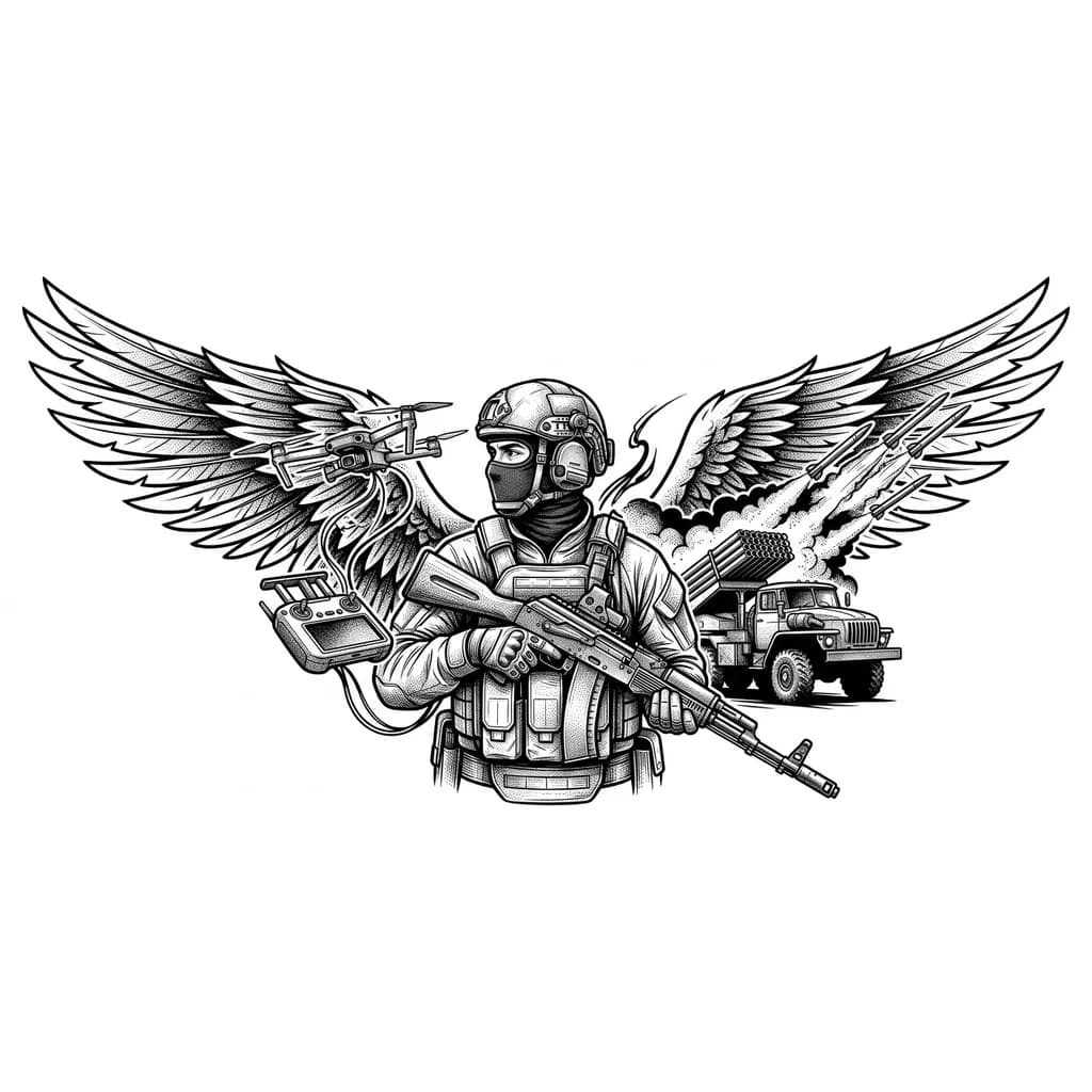 Тату эскиз: Нужен эскиз война сво вс рф,с крыльями на спину с ак-74 с дроном и пультом управления от дрона , в балаклаве , и за спиной стреляет град бм 21 рсзо 