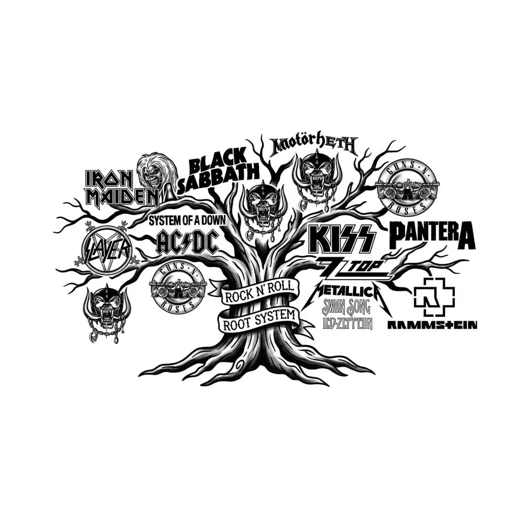 Тату эскиз: Сенерируй древо с логотипами этих групп Iron Maiden Black Sabbath Megadeth Motorhead Slayer AC DC Guns N’ Roses System of a Down Kiss Pantera ZZ Top Metallica Led Zeppelin Rammstein
