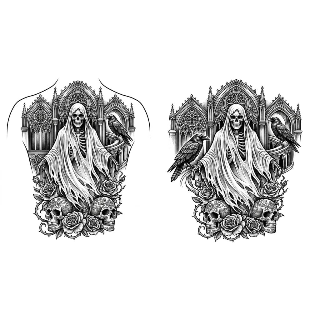 Тату эскиз: Призрак в полотне полу прозрачном на всю спину 