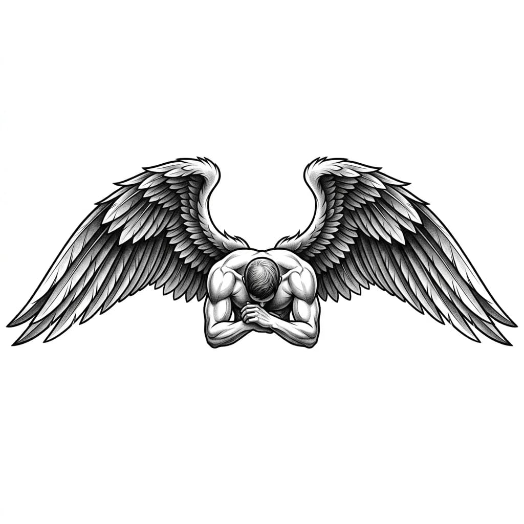 Тату эскиз: Ангел мужчина мускулистый склонив голову в низ с большими крыльями 