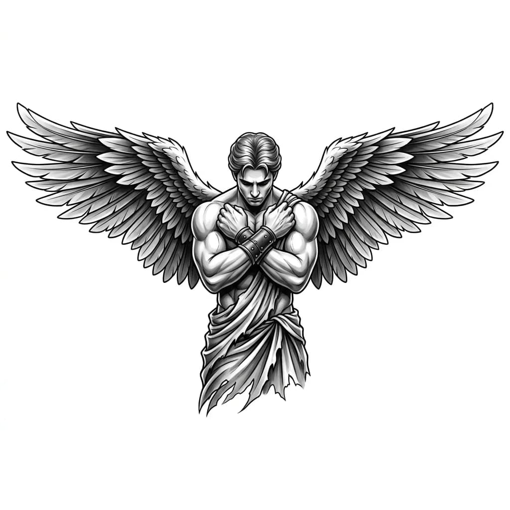 Тату эскиз: Ангел мужчина мускулистый во весь рост , склонившись голову вниз , с большими крыльями 