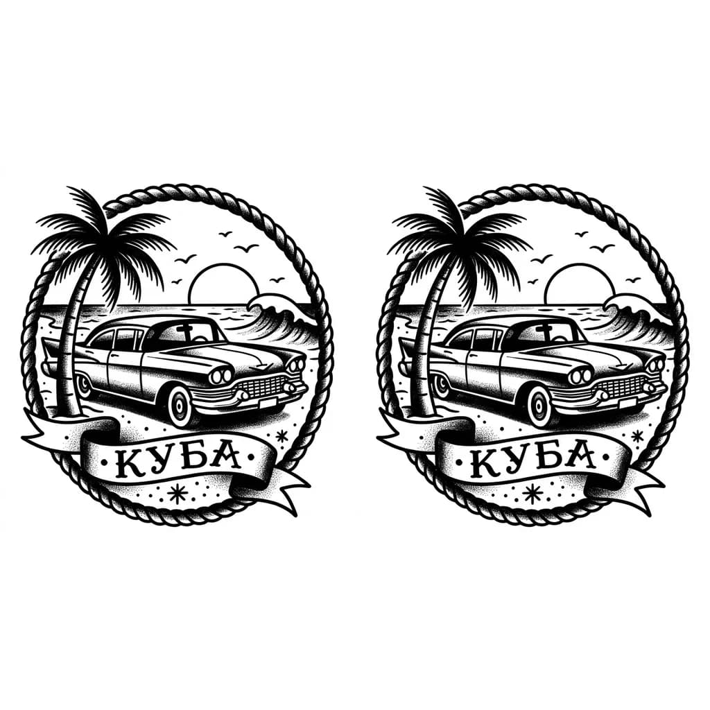 Тату эскиз: Тату на плече пляж и машина и надпись куба 