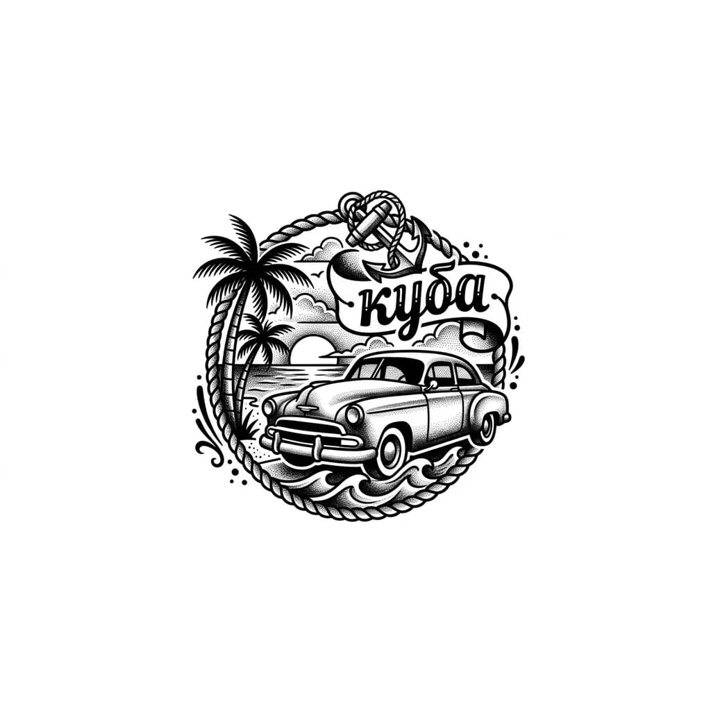 Тату эскиз: Тату на плече пляж и машина и надпись куба 