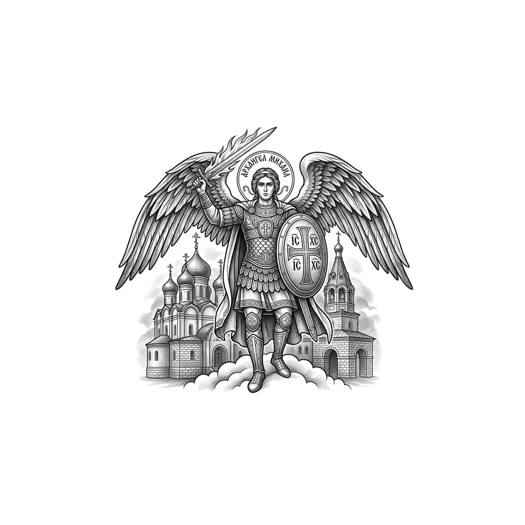 Тату эскиз: Богатырь,православная тематика, архангел, ангел, на фоне храма