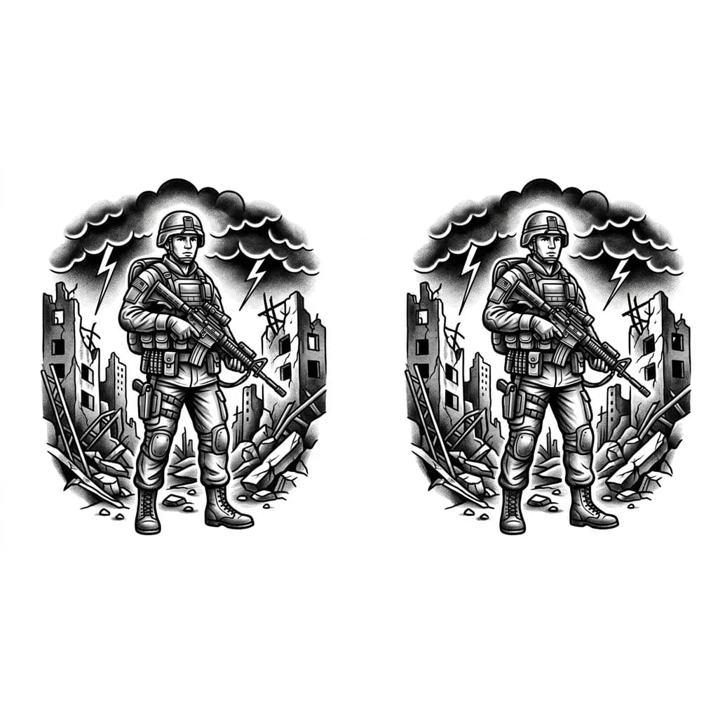 Тату эскиз: Изображен военнослужащий в полной экипировке и с оружием на фоне разрушенного города и грозового неба. 
Стиль: Работа выполнена с высокой детализацией, использованием теней для создания объема и атмосферы. 
Контекст: Подобные татуировки часто символизируют мужество, память о службе или определенные жизненные события. 
