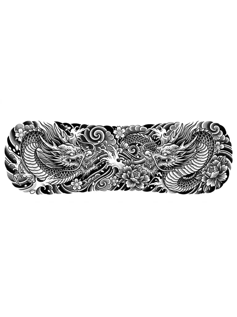 Тату эскиз: На все предплечья дракон, а фон чёрный с цветами и волнами.