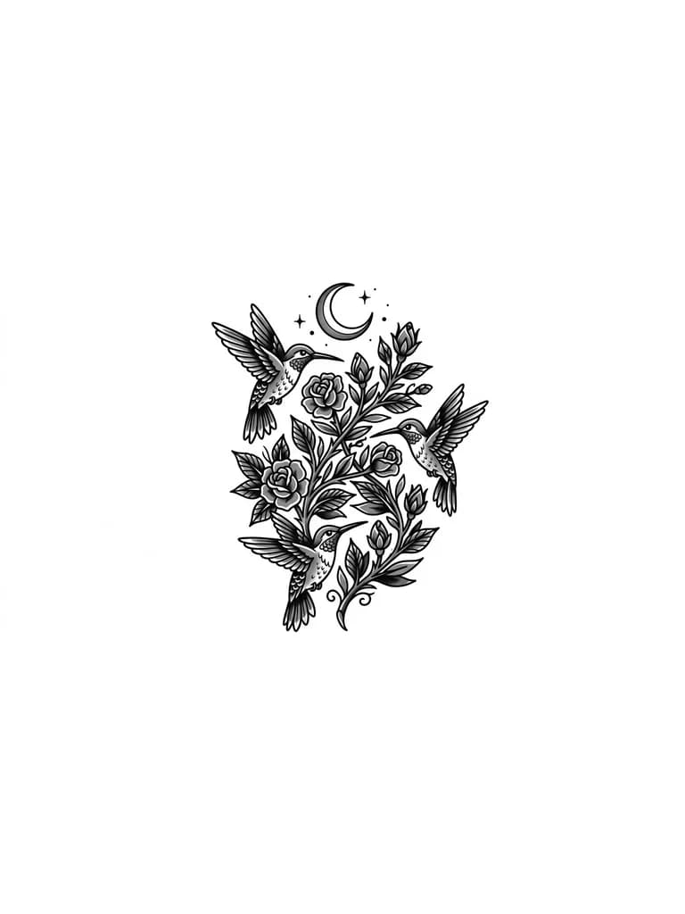 Тату эскиз: 
Три колибри вокруг переплетенных растений. Луна