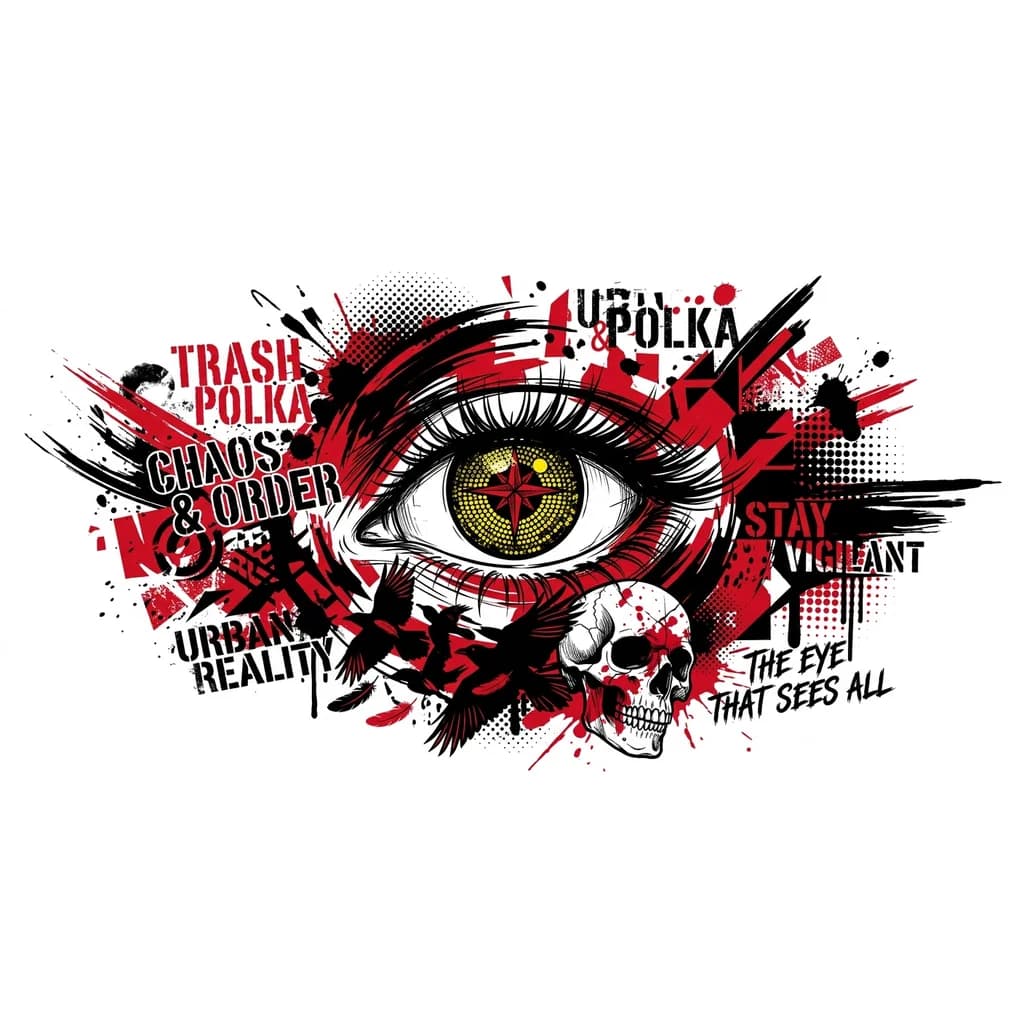 Тату эскиз: глаз состоящий из точек серных и красная 4-х конечная звезда 