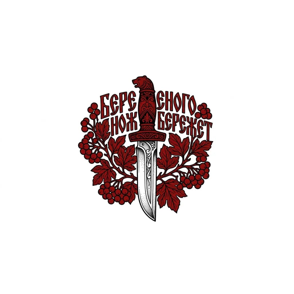 Тату эскиз: Нарисуй эскиз для тату в славянском стиле: нож а на фоне ягоды калины с листьями, на фоне надпись «береженого нож бережет» используй только два цвета , красный и черный 