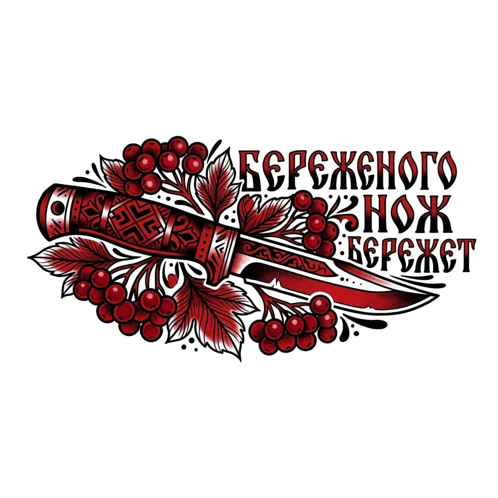 Тату эскиз: Нарисуй эскиз для тату в славянском стиле: нож а на фоне ягоды калины с листьями, на фоне надпись «береженого нож бережет» используй только два цвета , красный и черный 
