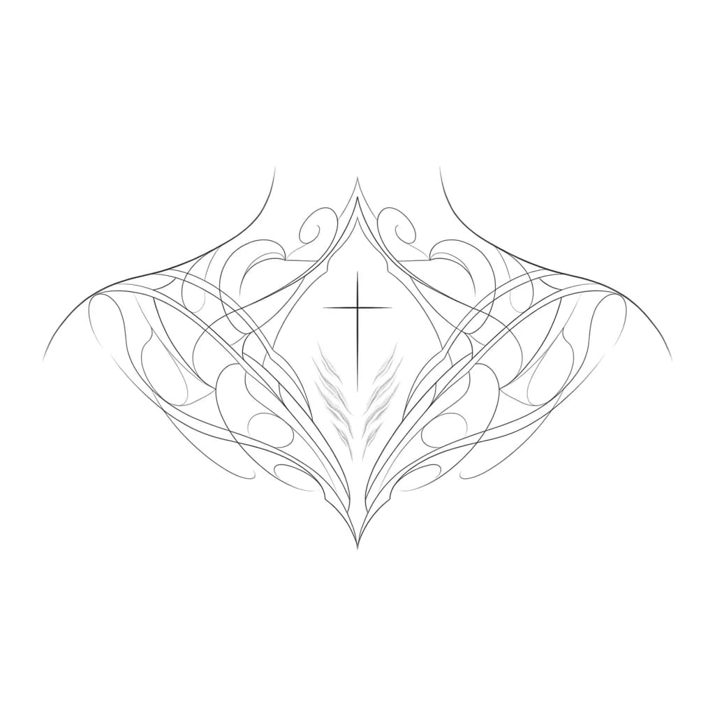 Тату эскиз: Белый крест Под шеей небольшой с помощью шрамирования 