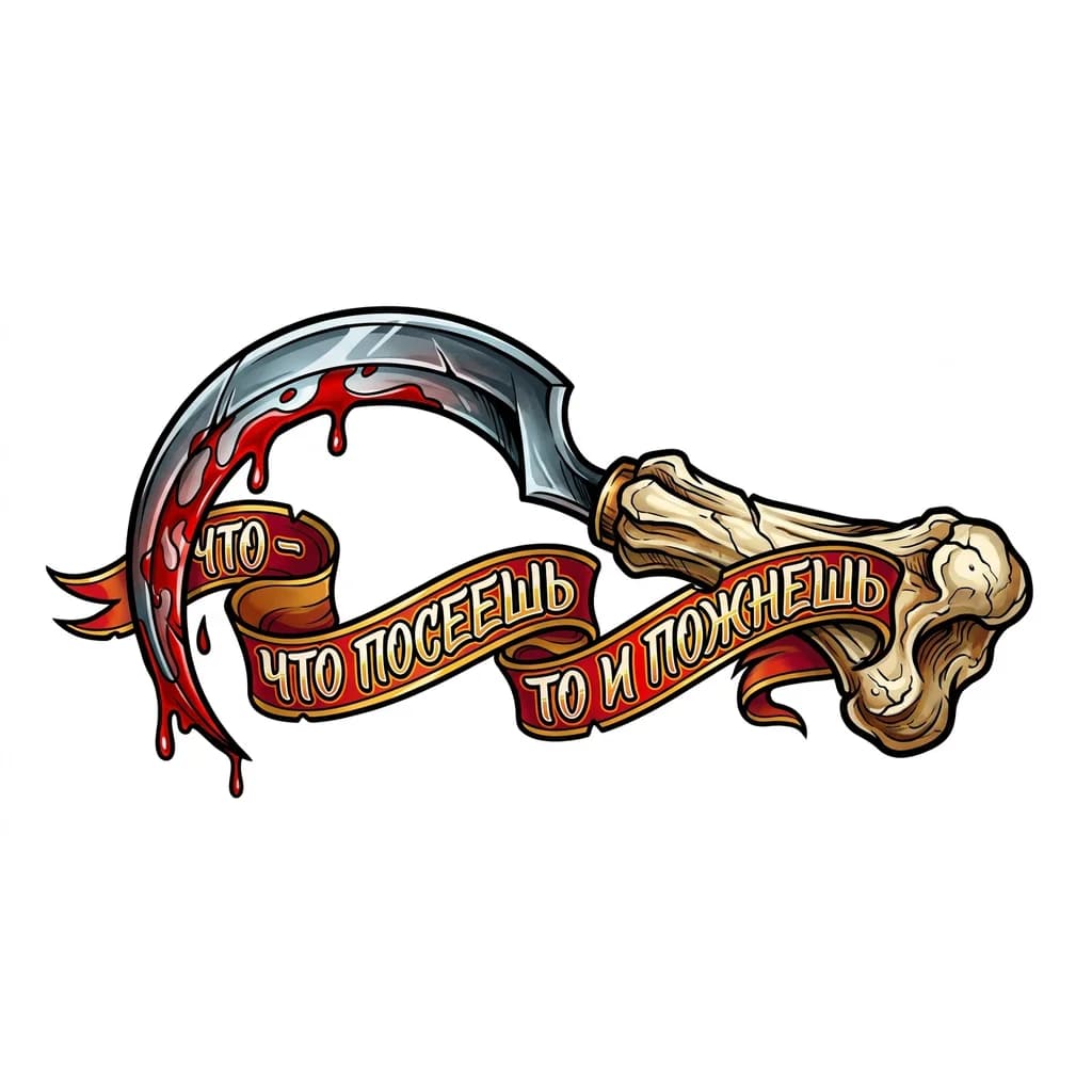 Тату эскиз: Нарисуй эскиз для татуировки, серп с ручкой из кости, лезвие кривое и в крови, на фоне лента с надписью «что посеешь то и пожнешь» 