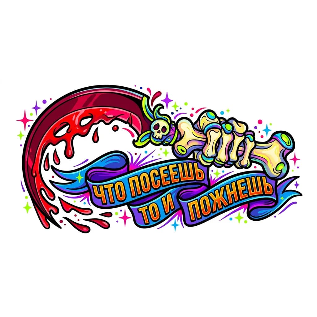 Тату эскиз: Нарисуй эскиз для татуировки, серп с ручкой из кости, лезвие кривое и в крови, на фоне лента с надписью «что посеешь то и пожнешь» 