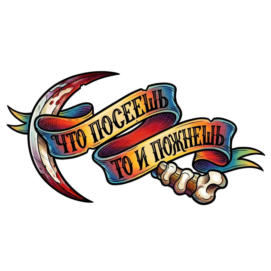 Тату эскиз: Нарисуй эскиз для татуировки, серп с ручкой из кости, лезвие кривое и в крови, на фоне лента с надписью «что посеешь то и пожнешь» 