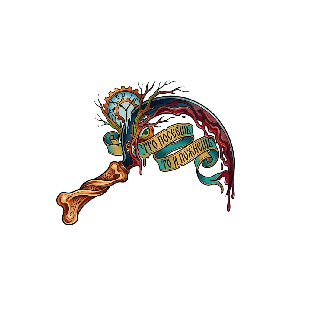 Тату эскиз: Нарисуй эскиз для татуировки, серп с ручкой из кости, лезвие кривое и в крови, на фоне лента с надписью «что посеешь то и пожнешь» 