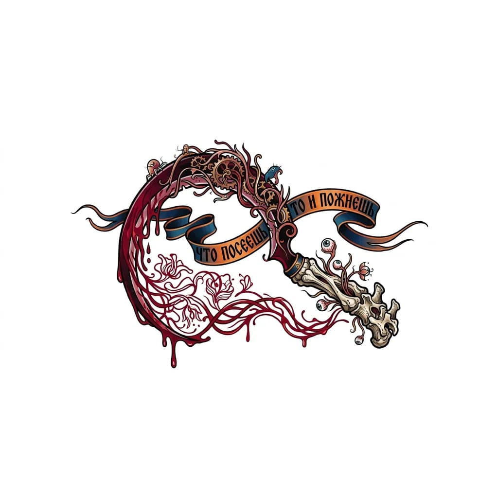 Тату эскиз: Нарисуй эскиз для татуировки, серп с ручкой из кости, лезвие кривое и в крови, на фоне лента с надписью «что посеешь то и пожнешь» 