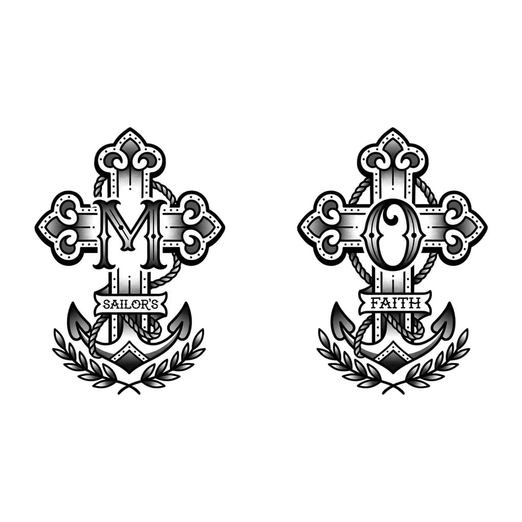 Тату эскиз: 2 креста с буквами первый М второй О