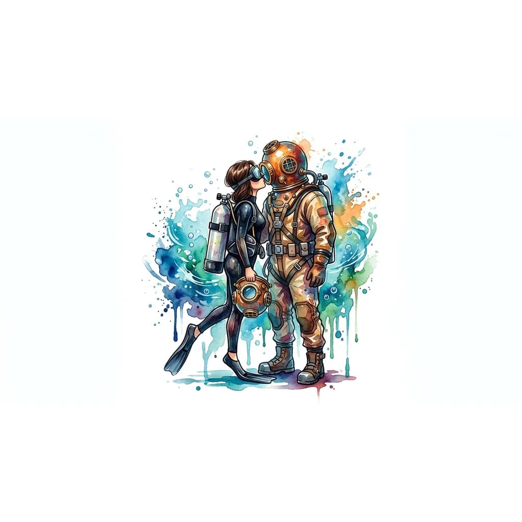 Тату эскиз: Красивая миниатюрная девушка дайвер с темно русыми волосами стрижка карэ в маске на лице с баллоном воздуха на спине в ластах на ногах целует высокого водолаза в трехболтовом оборудовании и водолазных ботинках