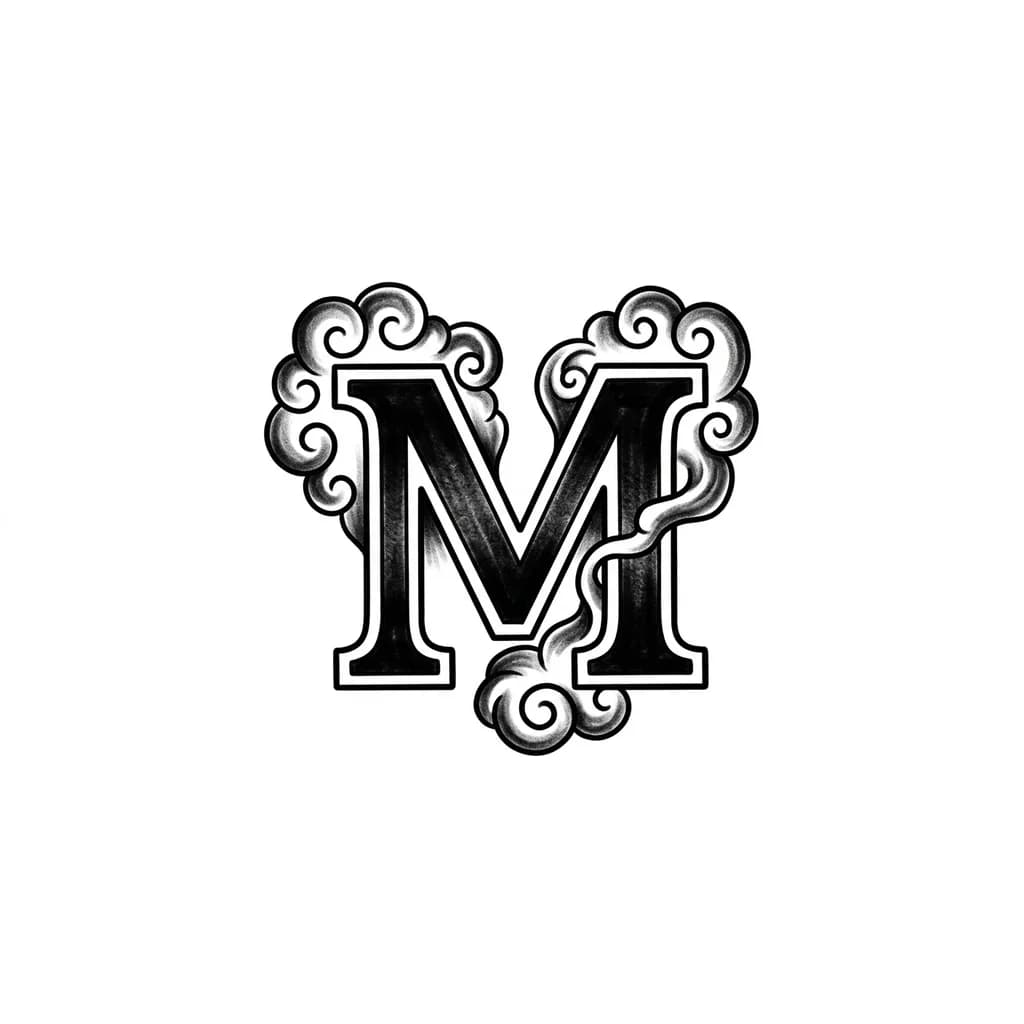 Тату эскиз: Буква М печатная, жирным шрифтом. Она как будто бы растворяется или из нее исходит дым 