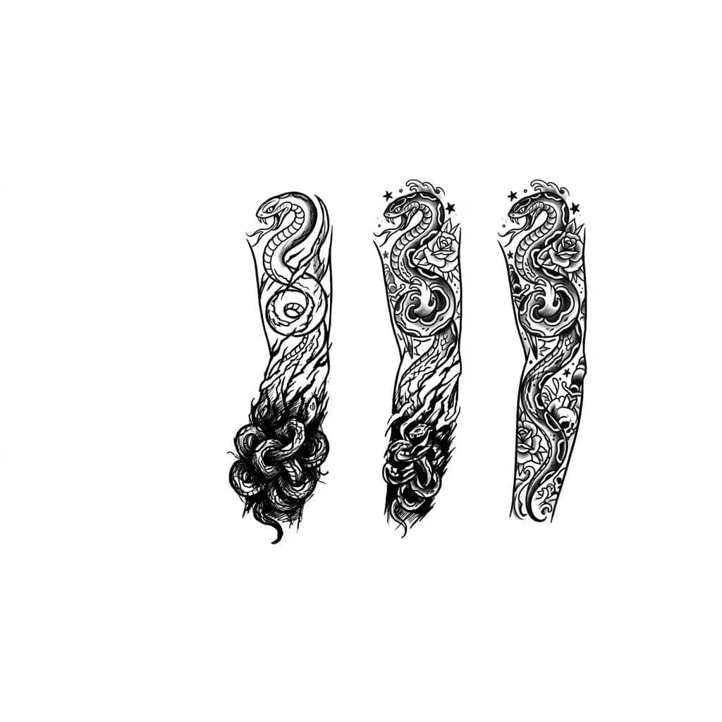 Тату эскиз:  Чёрно-белый тату-эскиз для рукава от запястья до плеча. В самом низу, на запястье, — тугой хаотичный клубок из 3-4 маленьких змей. Они переплетены так плотно, что невозможно понять, где чей хвост. Это пятно почти чёрное, с грубыми рваными линиями.

Из этого клубка выползает одна большая змея. В месте, где она отрывается от клубка, её чешуя ещё рваная и хаотичная, но чем выше, тем чётче и упорядоченнее становятся линии.

