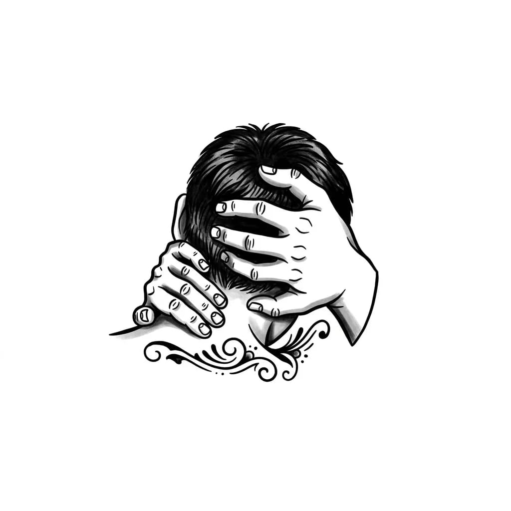 Тату эскиз: Затылок девушки с короткой стрижкой,  её за воломюсы тянет мужская рука, поверх мужской руки лежит рука девушки и крепко её сжимает