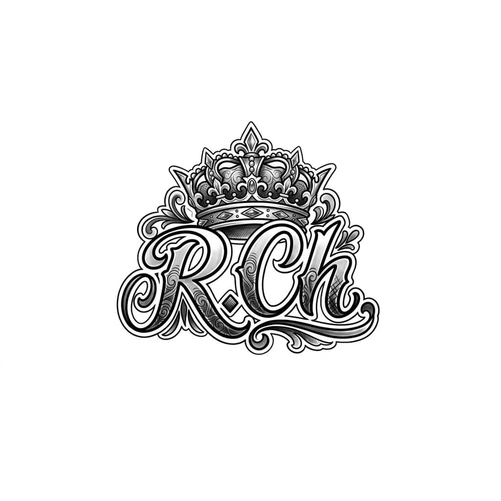 Тату эскиз: Надпись на английском "R. Ch." сверху корона