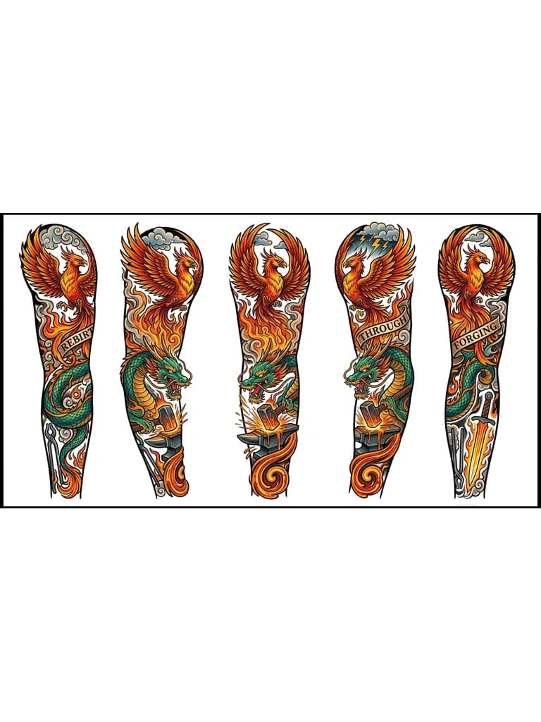 Тату эскиз: Идея перерождения, т.е отбрасывание старого и начинание нового путем закалки, что в соответствии создает нового тебя. В тату используются такие существа, как феникс и дракон, что как будто максимально подходит под идею - феникс сгорает, отбрасывает старое, перерождается, становлясь сильнее, в этом случае драконом.