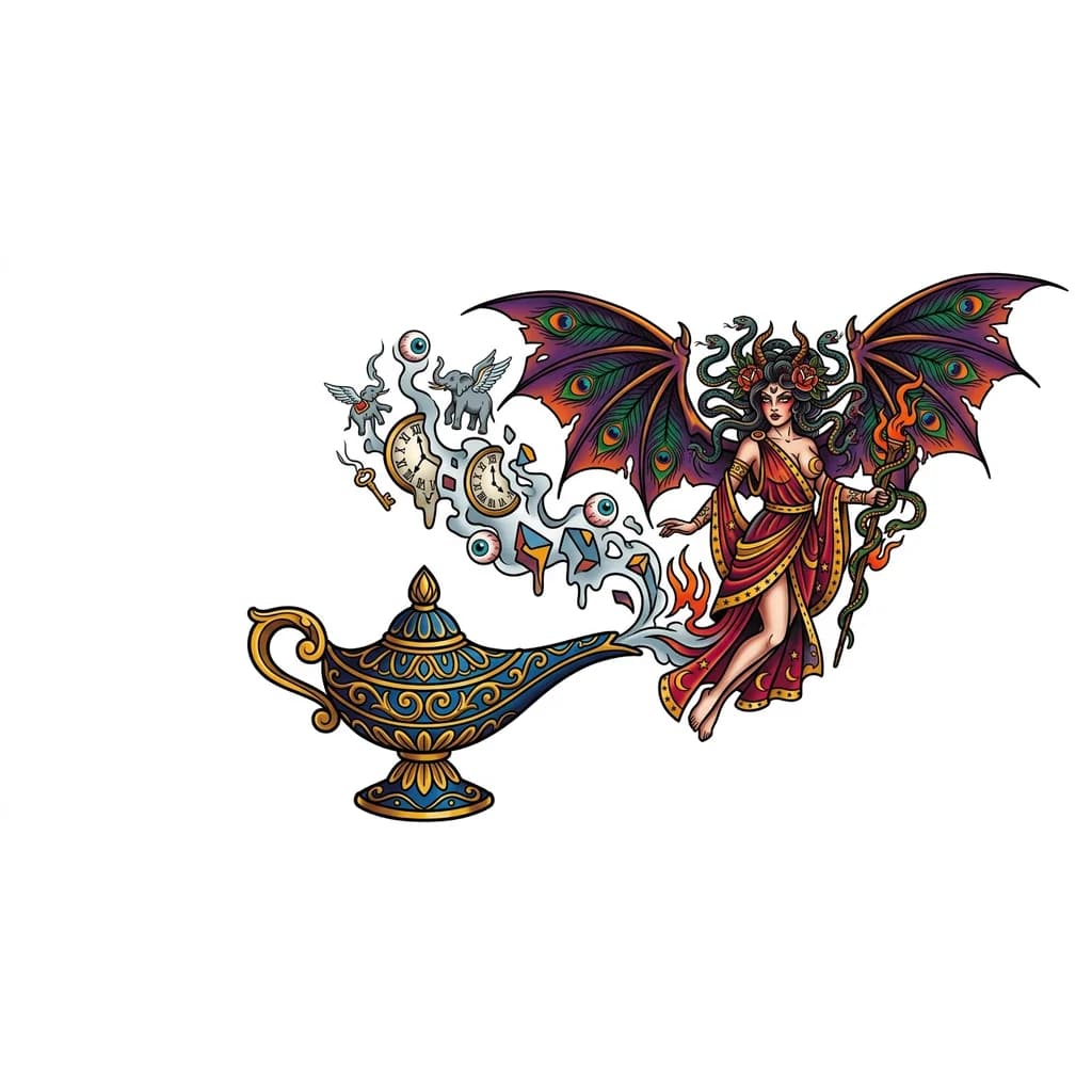 Тату эскиз: татуировка на колено. идея - волшебная лампа аладдина из которой вылтает лилит. олд скул стиль