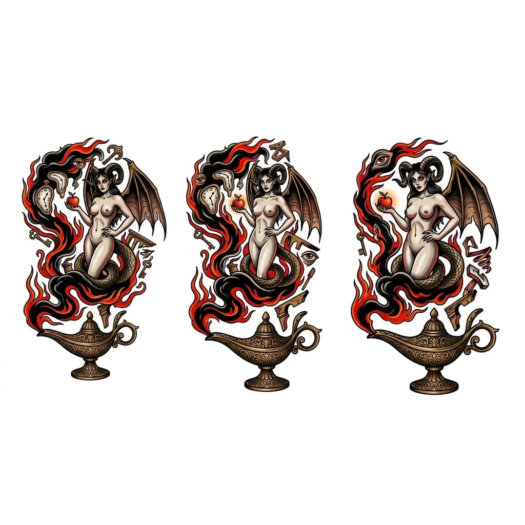 Тату эскиз: tattoo design flash, old school traditional style, placement on a human knee cap. A magic Arabian oil lamp placed centrally on the kneecap. From the spout of the lamp, a dynamic swirl of thick black smoke and red flames erupts upwards, morphing into the figure of Lilith (female demon with pale skin, dark horns, bat-like wings, and a serpentine tail). Lilith is posed seductively but menacingly, holding a small skull or an apple.

