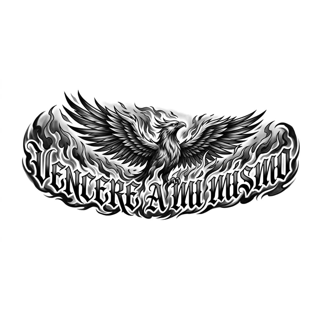 Тату эскиз: В татуировку заложен смысл. Она должна отображать новый этап жизни. Фраза Vencere a mí mismo должна быть окутана иллюстрацией. Иллюстрация должна отображать что-то пылающее