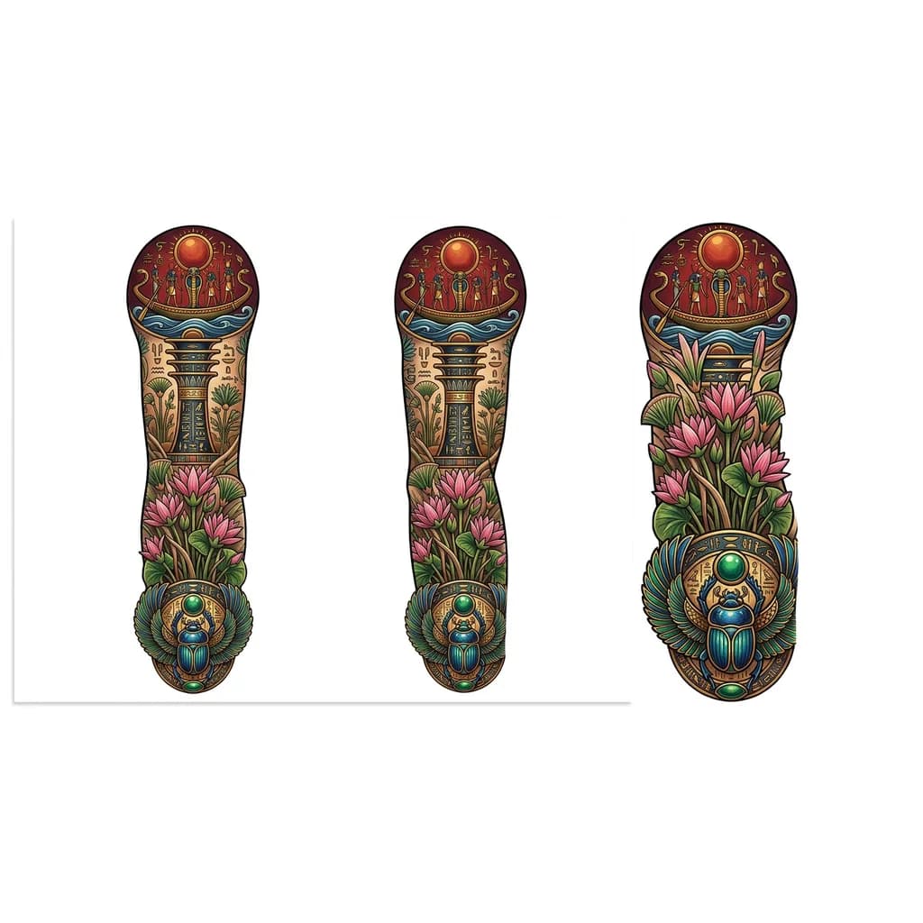 Тату эскиз: У меня уже есть тату крокадила на предплечии от запястья до локтя ,хочется на другой стороне тату скорабея ,выше от локтя лотосы и папирус и закончить на плече ладьей Ра, в зоне бицепса тату столба Осириса.стиль реализм.