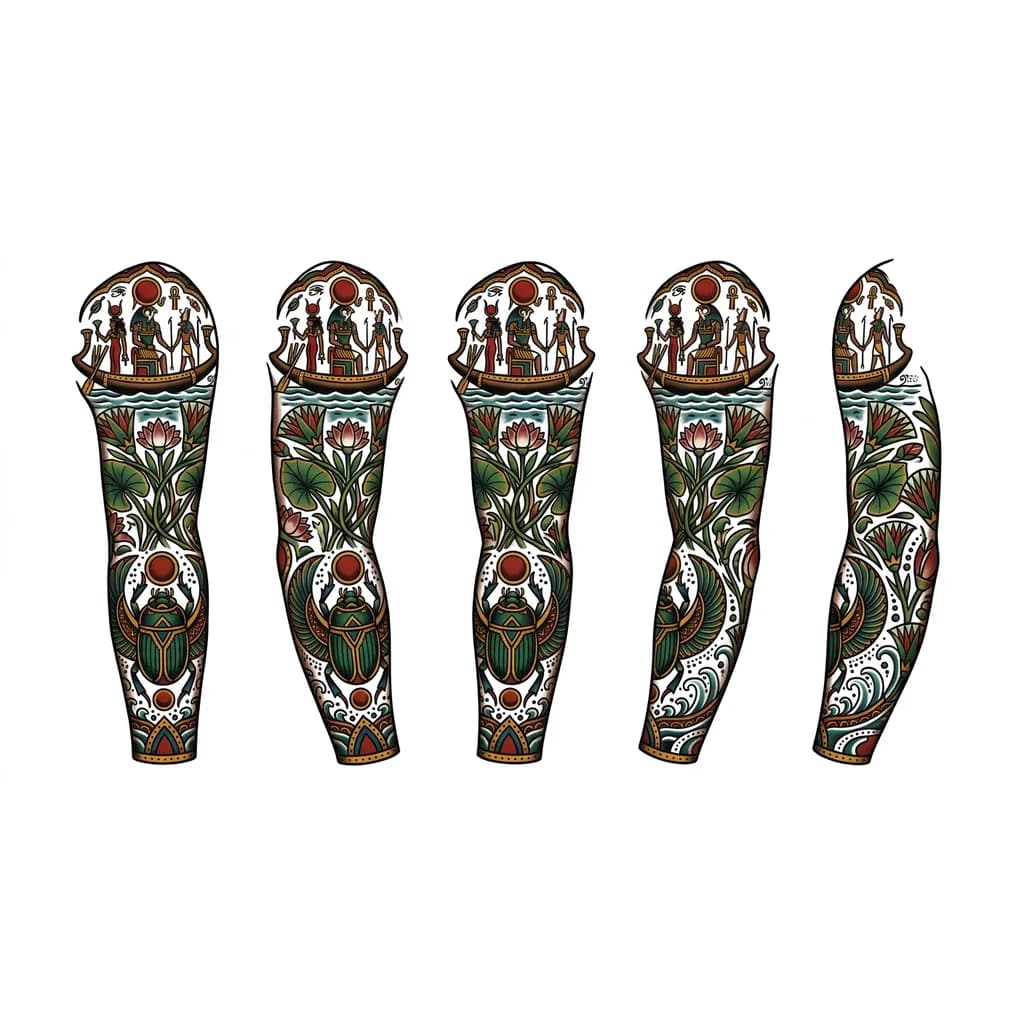 Тату эскиз:  тату скорабея от запясть до локтя,выше от локтя лотосы и папирус и закончить на плече ладьей Ра(солнечная лодка)