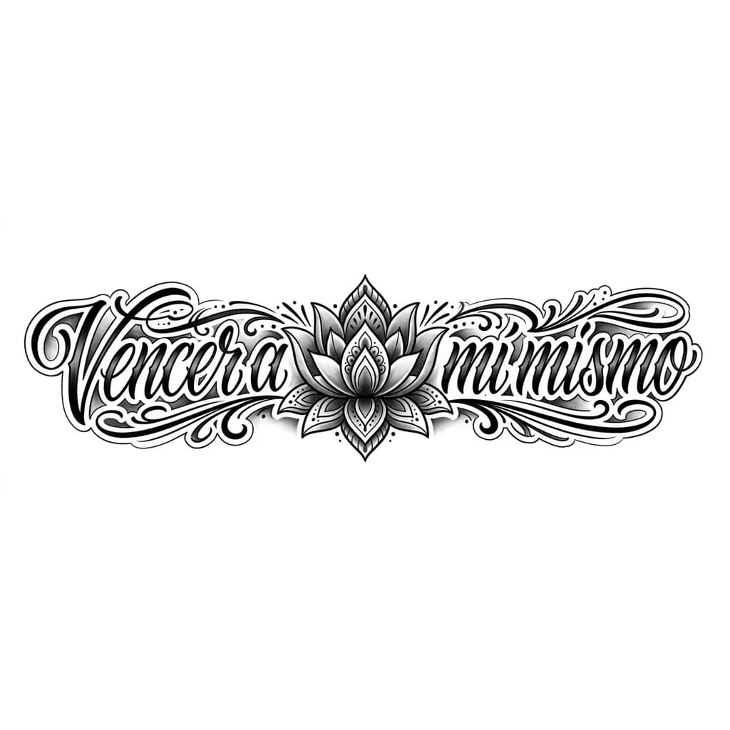 Тату эскиз: Доработай данный эскиз: Видеоизмени тату под стиль "леттеринг", поменяй шрифт фразы так же под эту стилистику, замени иллюстрацию и объекты в ней на то, что отражает новый жизненный этап связанный с преодолением себя и победой над особой: это может быть, например, цветок или тому подобное. Все выше перечисленное должно быть выполнено в условиях стиля тату "леттеринг" и традиционного стиля.