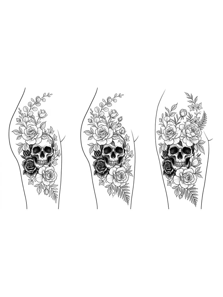 Тату эскиз:  «cover-up design over existing black outline tattoo, skull with roses and dark leaves, blackwork style, larger size, thick lines, heavy black fill, dense shadows, positioned on forearm».