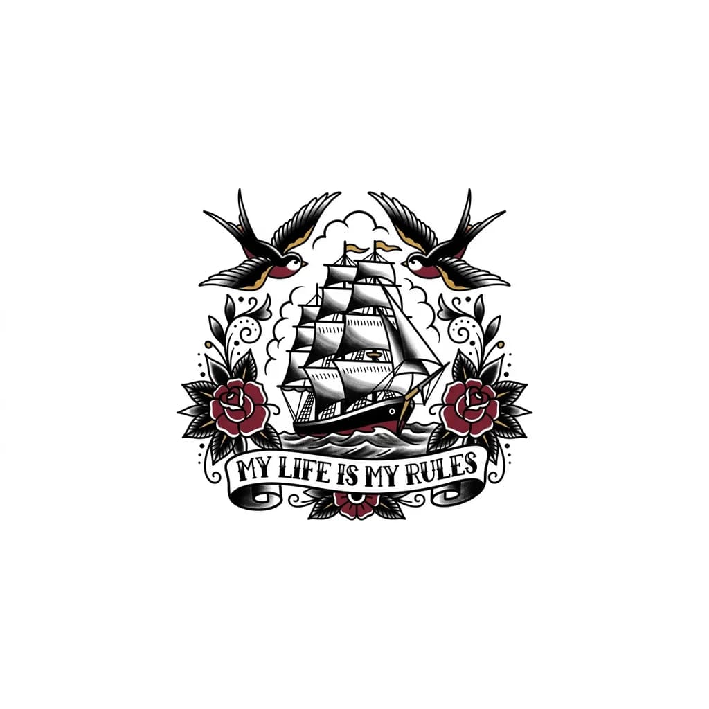 Тату эскиз: Спереди надписи и в конце птицы