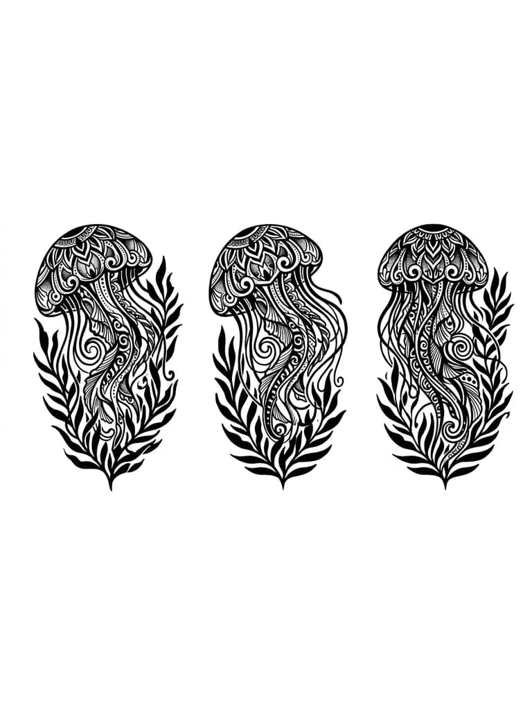 Тату эскиз: Тату медузы на бедро размером не больше 40-45 см, вокруг можно водоросли но без цветов, зашифровать буквы В и К
Буквы должны быть незаметны без явно очерченного фона