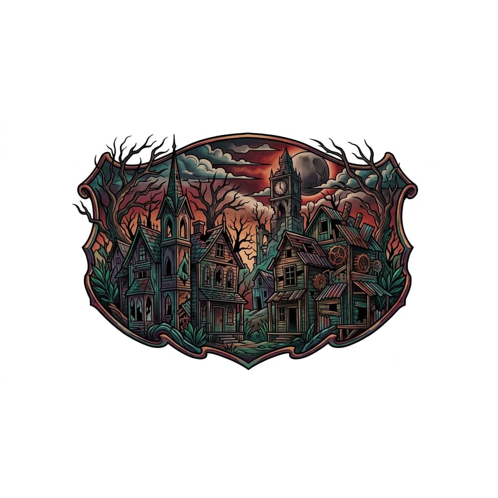 Тату эскиз: стиль Grimdark Victorian, Weird West, Scrap-punk, Southern Gothic, пейзаж, разрушенные дома на фоне мертвых деревьев
