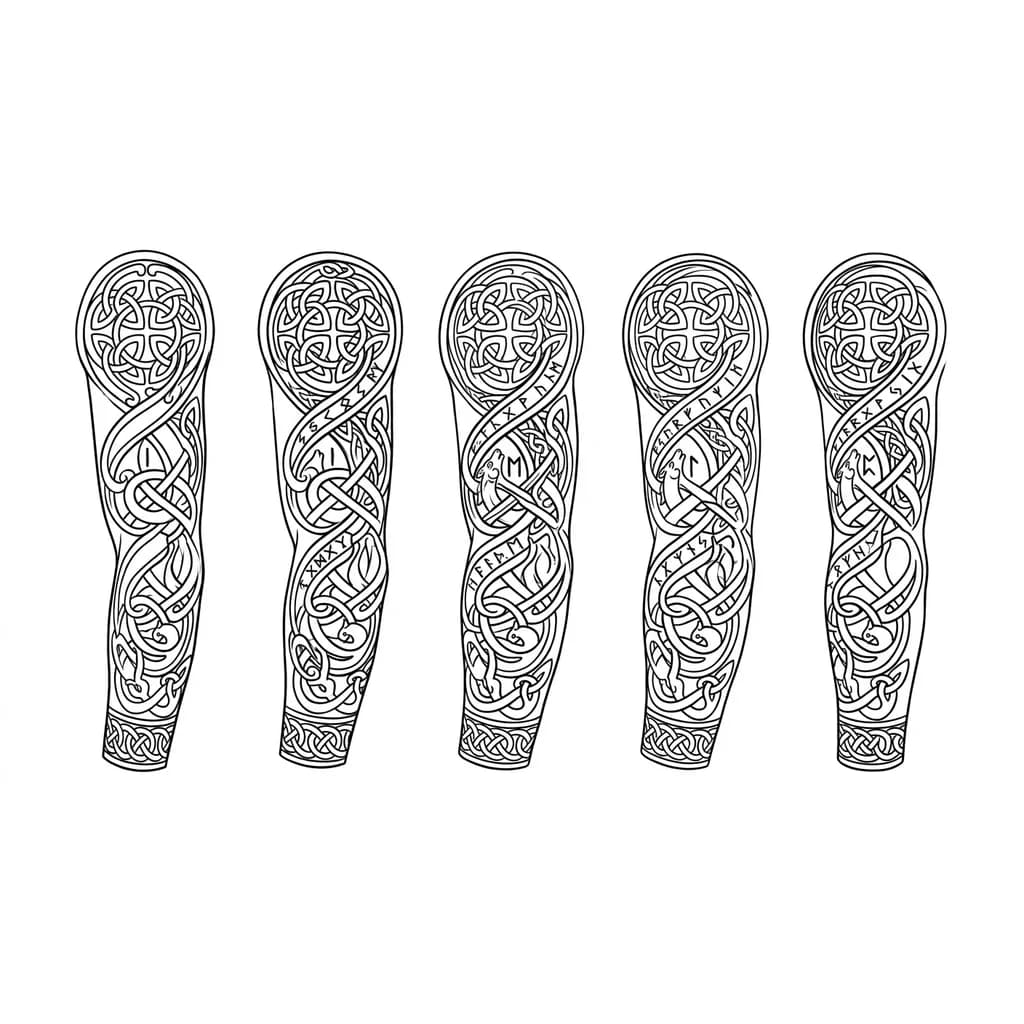 Тату эскиз: скандинавия, эскиз должен быть полным, чтобы охватывал всю руку, внешнюю часть и внутреннию, высокого качества, стиль в основном контурный, не реализм. На другой руке у меня уже есть Волк Фенрир, Змей Йормунганд, Валькирия, Один, Ворон и Молот Тора поэтому в новом эскизе их не должно быть.  Если на эскизе будут присутствовать "руны" они должны быть со смыслом, а не от болды.
