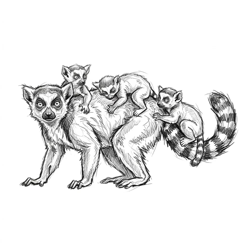 Тату эскиз: Мама лемур и на ее спине маленькие детеныши лемуры
