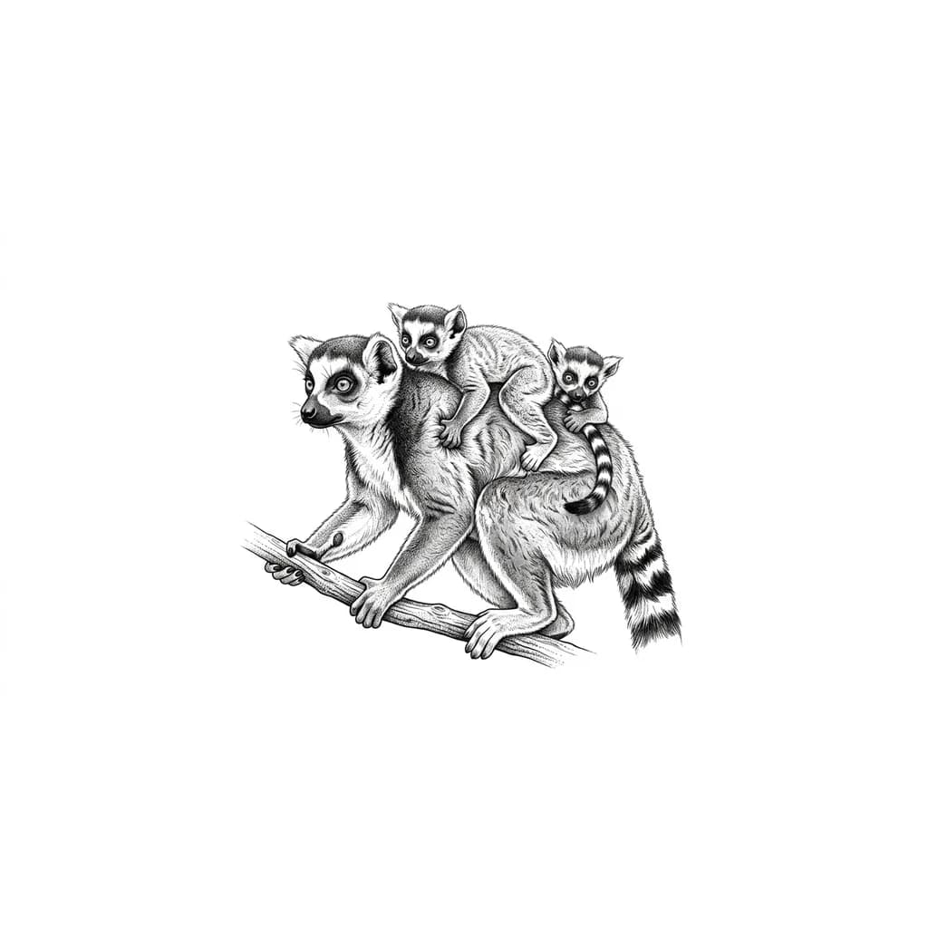 Тату эскиз: Мама лемур , на ее спине двое детенышей лемуров