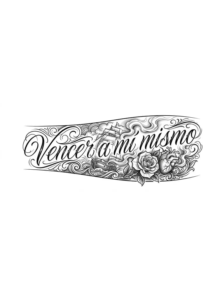 Тату эскиз: Создай эскиз тату для внутренней стороны предпречия. За основу возьми стиль "Леттеринг", текст фразы сделай в красивом письменном шрифте с "завитушками", текст фразы сильно наклони вправо и сделай очень тонким. За основу образа иллюстрации возьми узоры, корабль в море, розу. Так же, добавь к общей картине немного дыма, но только сделай его реалистичным и добавь сердце. Добавь теней для обьема картины. Изобрази все так, чтобы объекты гормонично смотрелись в общей картине тату.