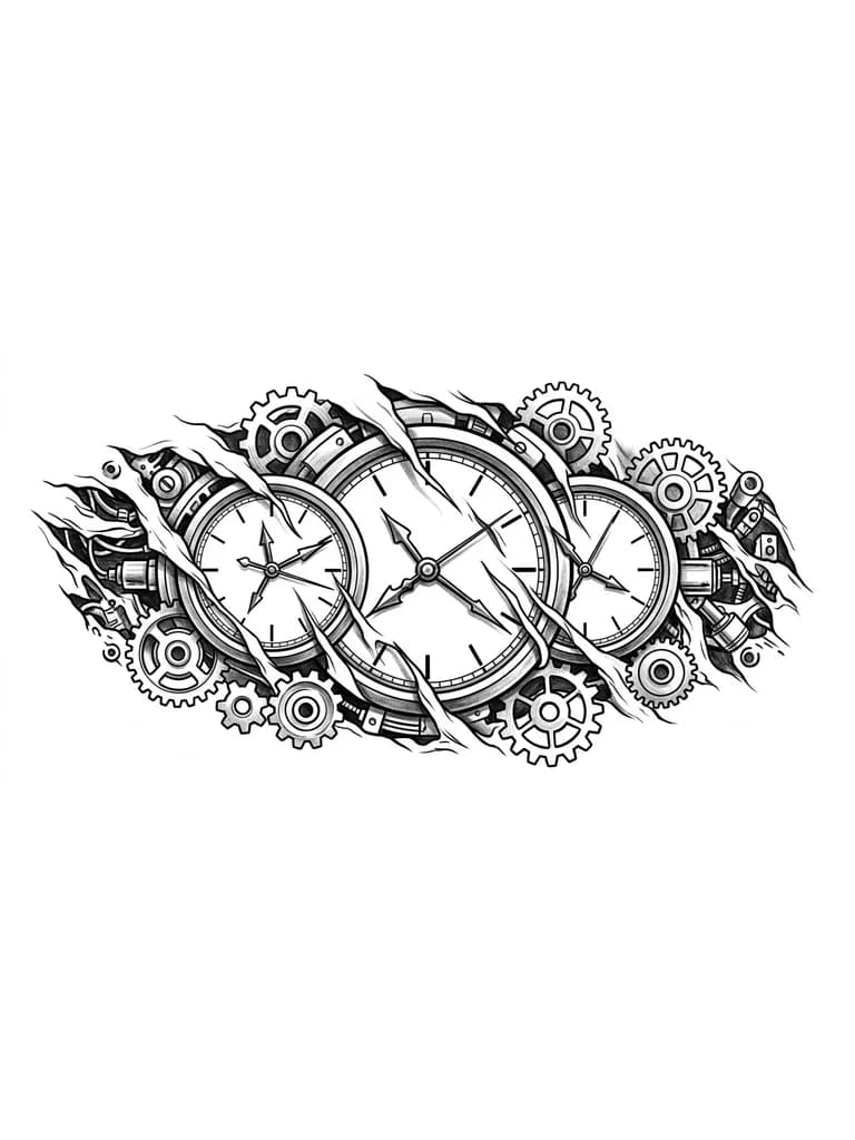 Тату эскиз: несколько наложенных друг на друга циферблатов часов с хаотично расположенными стрелками, окружённые несцепленными шестерёнками.
Детализация:Композиция: 3 наложенных циферблата разного размера (центральный — самый крупный, остальные частично его перекрывают);
стрелки на каждом циферблате застыли в абсурдных положениях (под углами 90°, 120° друг к другу, некоторые почти параллельны),вокруг циферблатов — 5–7 шестерёнок разного диаметра, которые не сцепляются между собой; по краям — мелкие детали