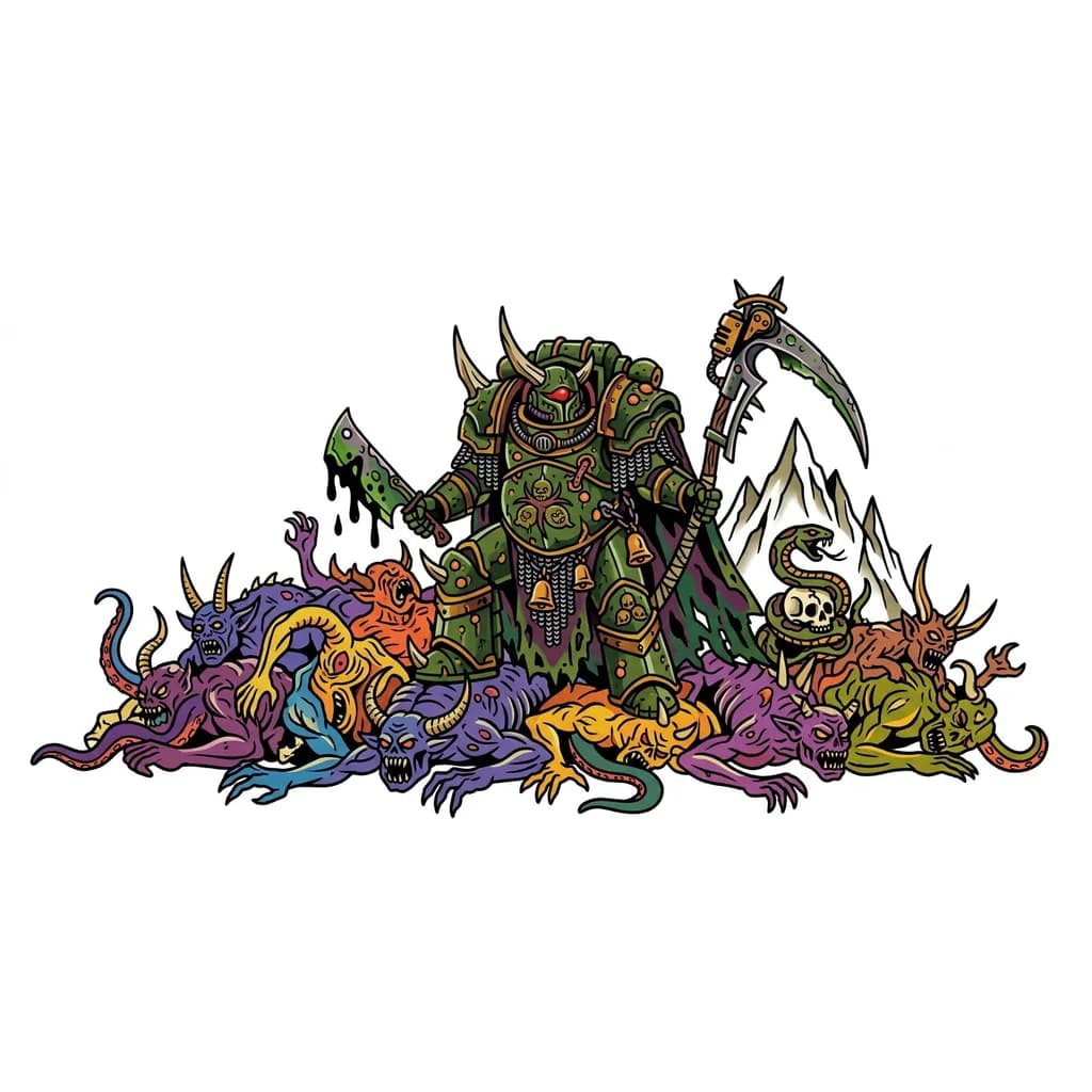 Тату эскиз: Гвардеец корпуса смерти крига сидит на горе мертвых порождений варпа 