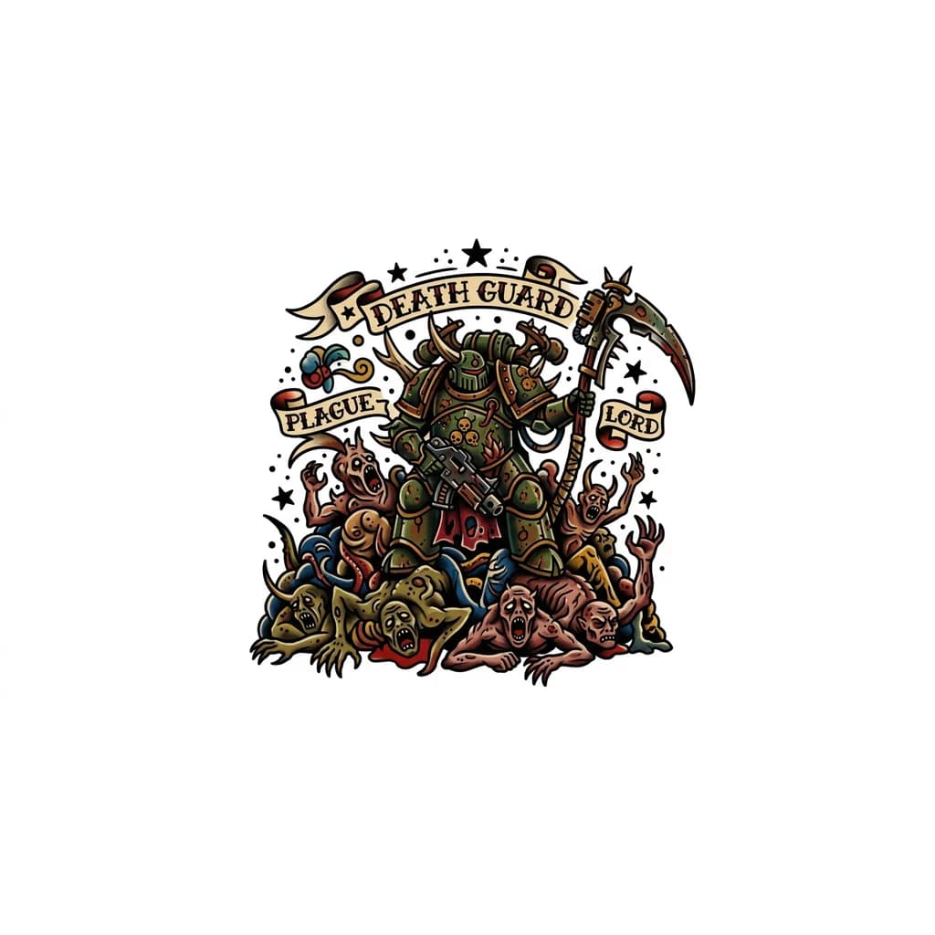 Тату эскиз: Гвардеец корпуса смерти крига сидит на горе мертвых порождений варпа 