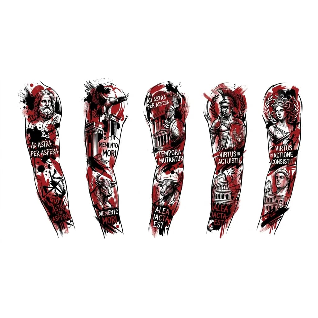 Тату эскиз: Сделай эскиз тату от плеча до запястья в греческом и римском стиле с добавлением красного и каких нибудь фраз на латинском, все долго смотреться органично, меньше реализма