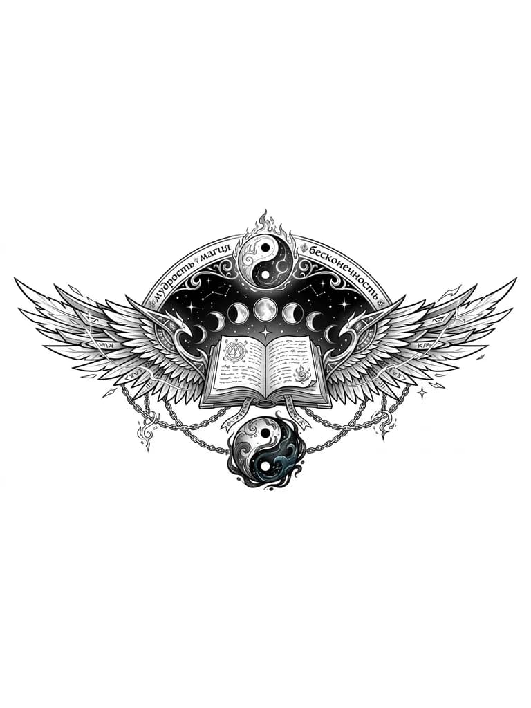 Тату эскиз: Книга с крыльями. Открытая книга ,с написанными страницами .Можно типа фэнтэзи добавить цепи от книги. Крылья сделать ближе к ангельским но с элементами суровой мистики магии и тд. На фоне сзади изобразить Инь и Янь. Инь снизу часть под книгой. Другая часть Янь находится над книгой. инь и янь создать в стиле фэнтэзи.  так же добавить между крыльями фазу перехода луны на звездном небе. и добавить рамку полукруг с эльфийскими надписями мудрость,магия,бесконечность. Цель передать мистику и магию 