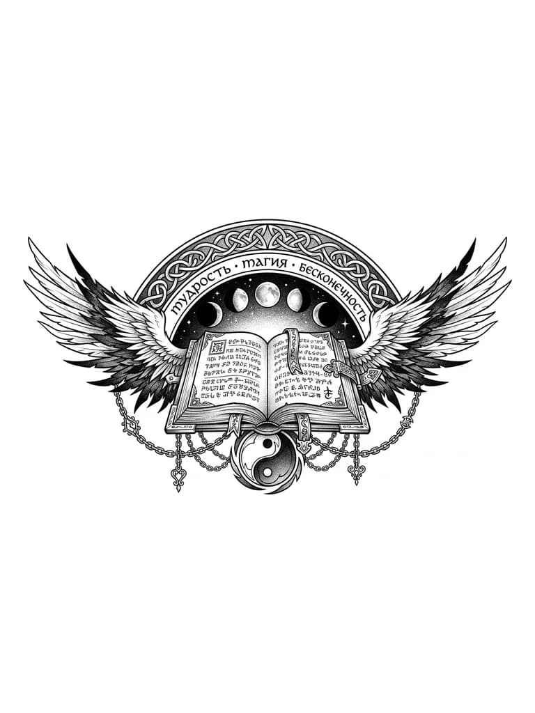 Тату эскиз: Книга с крыльями. Открытая книга ,с написанными страницами .Можно типа фэнтэзи добавить цепи от книги. Крылья сделать ближе к ангельским но с элементами суровой мистики магии и тд. На фоне сзади изобразить Инь и Янь. инь и янь создать в стиле фэнтэзи.  так же добавить между крыльями фазу перехода луны на звездном небе. и добавить рамку полукруг с надписями на эльф языке мудрость,магия,бесконечность. Цель передать мистику и магию 