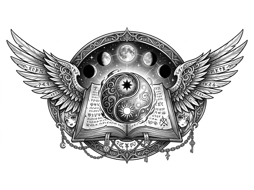 Тату эскиз: Книга с крыльями. Открытая книга ,с написанными страницами .Можно типа фэнтэзи добавить цепи от книги. Крылья сделать ближе к ангельским но с элементами суровой мистики магии и тд. как фон сзади изобразить Инь и Янь. половинками вылезающими из книги. инь и янь создать в стиле фэнтэзи.  так же добавить между крыльями фазу перехода луны на звездном небе. и добавить рамку полукруг в стиле мистики .Цель передать мистику и магию любовь к знаниям. На перьях крыльев добавить мистические узоры.