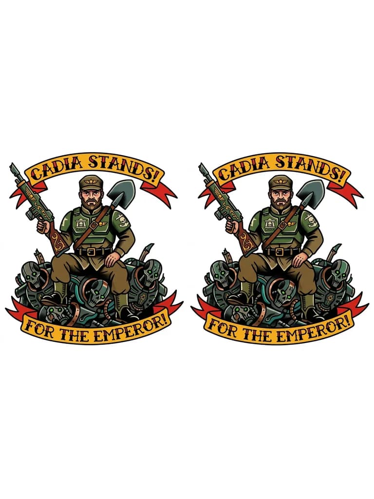 Тату эскиз: Гвардеец Крига сидит на трупах некронов, в правой руке лазган, а в левой переброшено через плечо лопатка