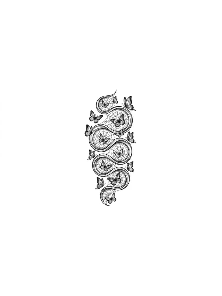 Тату эскиз: волнистая линия  в каждой волне паутина и на паутине бабочки 